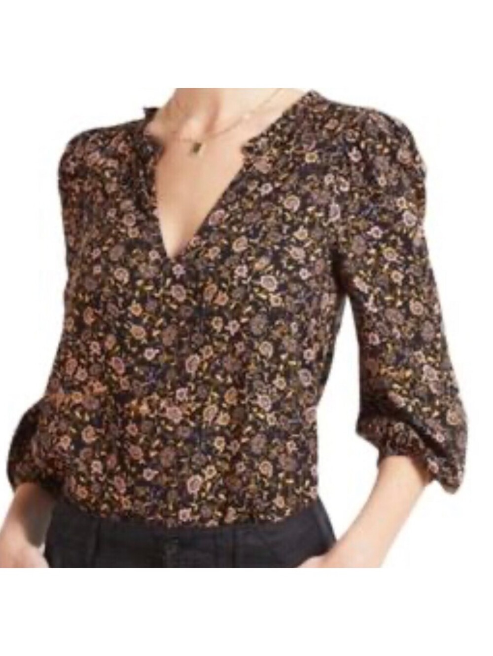 Evereve Roan + Ryan Boho Floral 3/4 Ballon Sleeve Ruffle Split Neck Blouse L